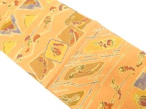 未使用品　縮緬地　野菜にキノコ模様　名古屋帯